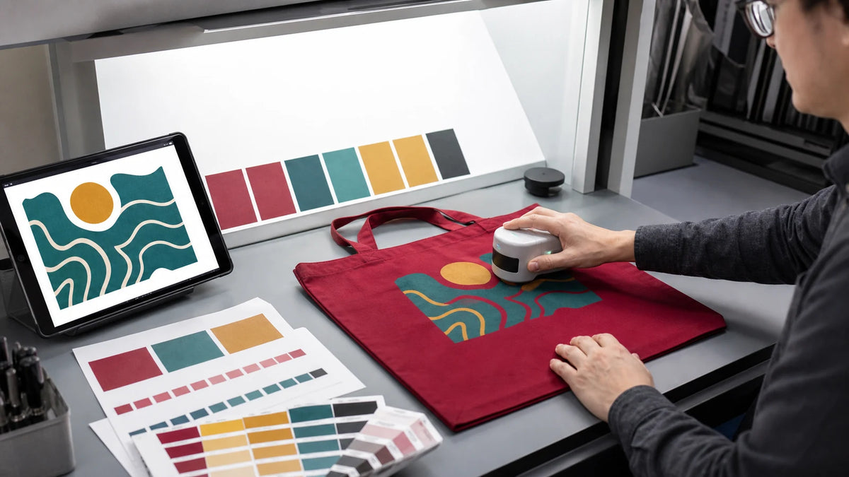 Technician matching a crimson tote bag print with color chips and a spectrophotometer under controlled light