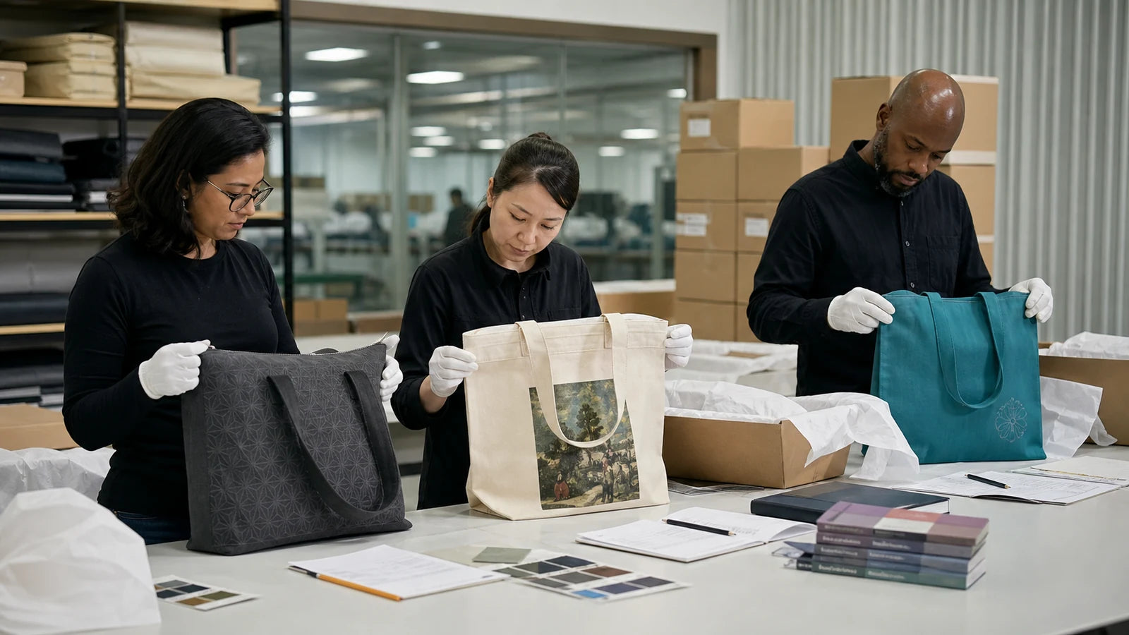 Quality team inspecting different premium custom tote programs before protective export packing