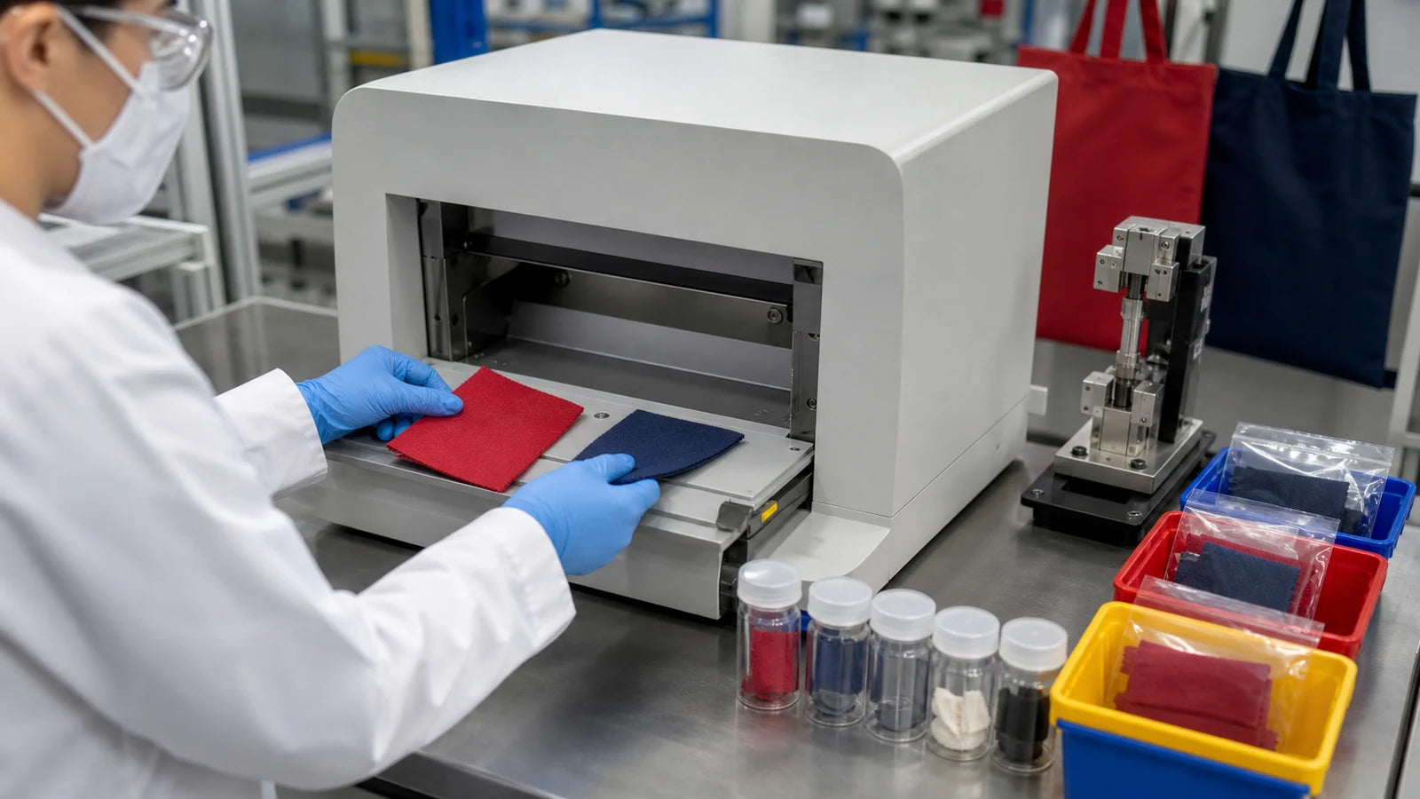 Laboratory screening red non-woven and navy cotton tote material samples with unbranded test equipment