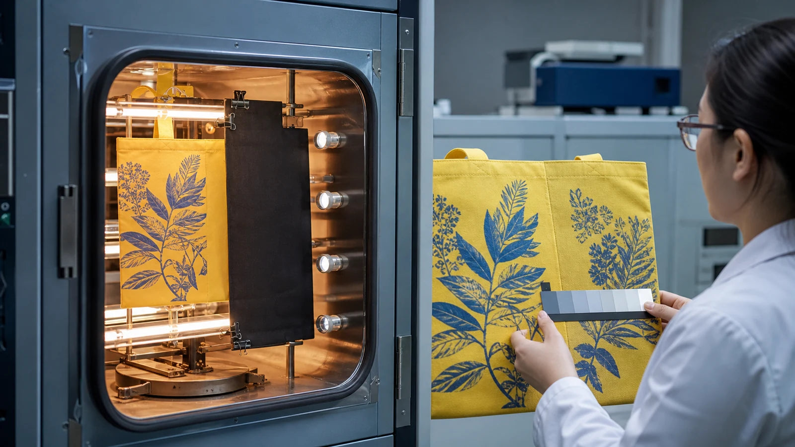 Yellow printed tote panel undergoing accelerated UV lightfastness testing in a textile laboratory