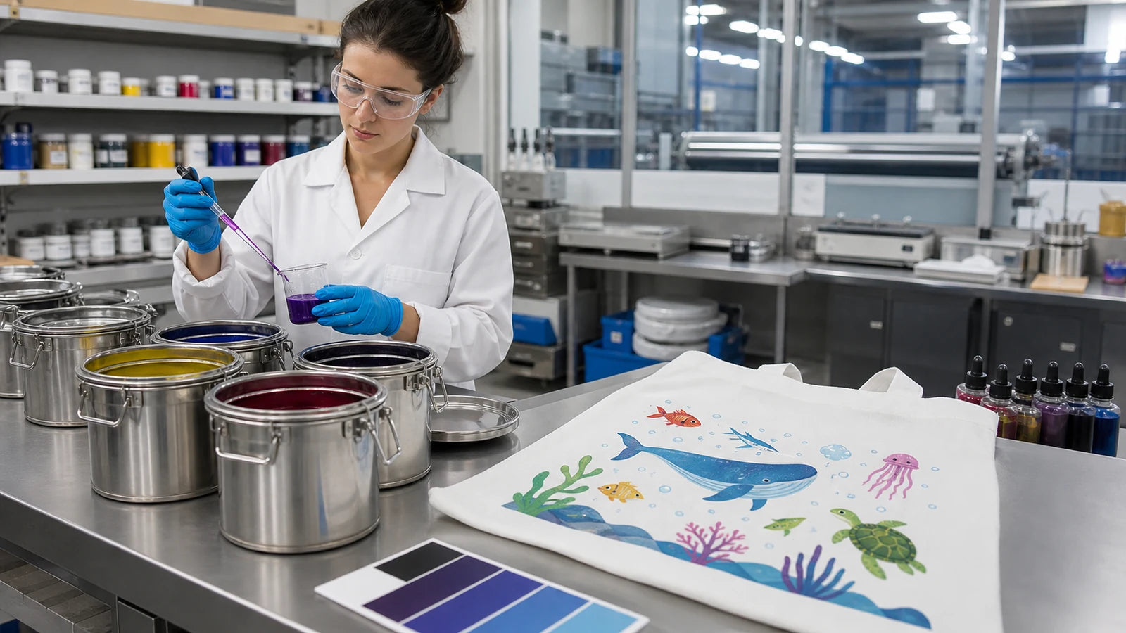 Technician measuring colorful water-based textile inks beside a printed recycled polyester tote panel