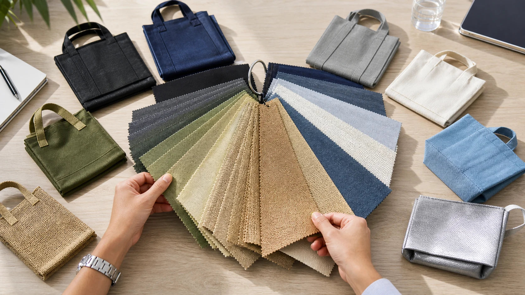 Material swatch library with recycled polyester, cotton, hemp, jute and non-woven bag samples