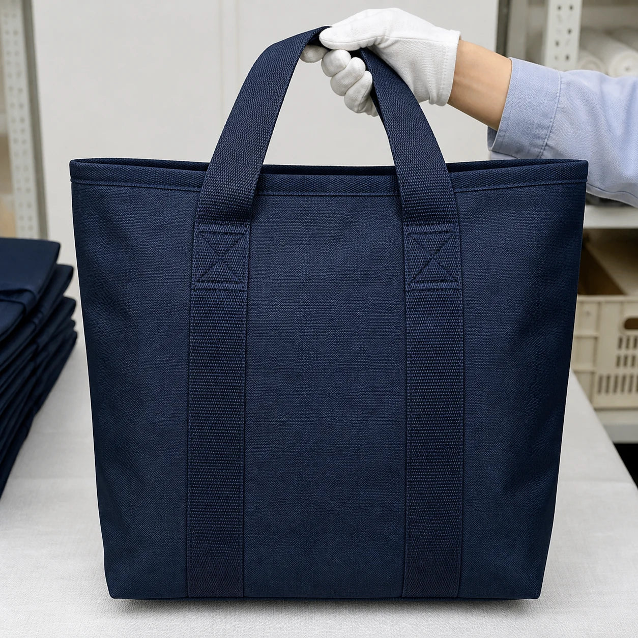 Box-X reinforced webbing handles on a heavy-duty reusable tote bag