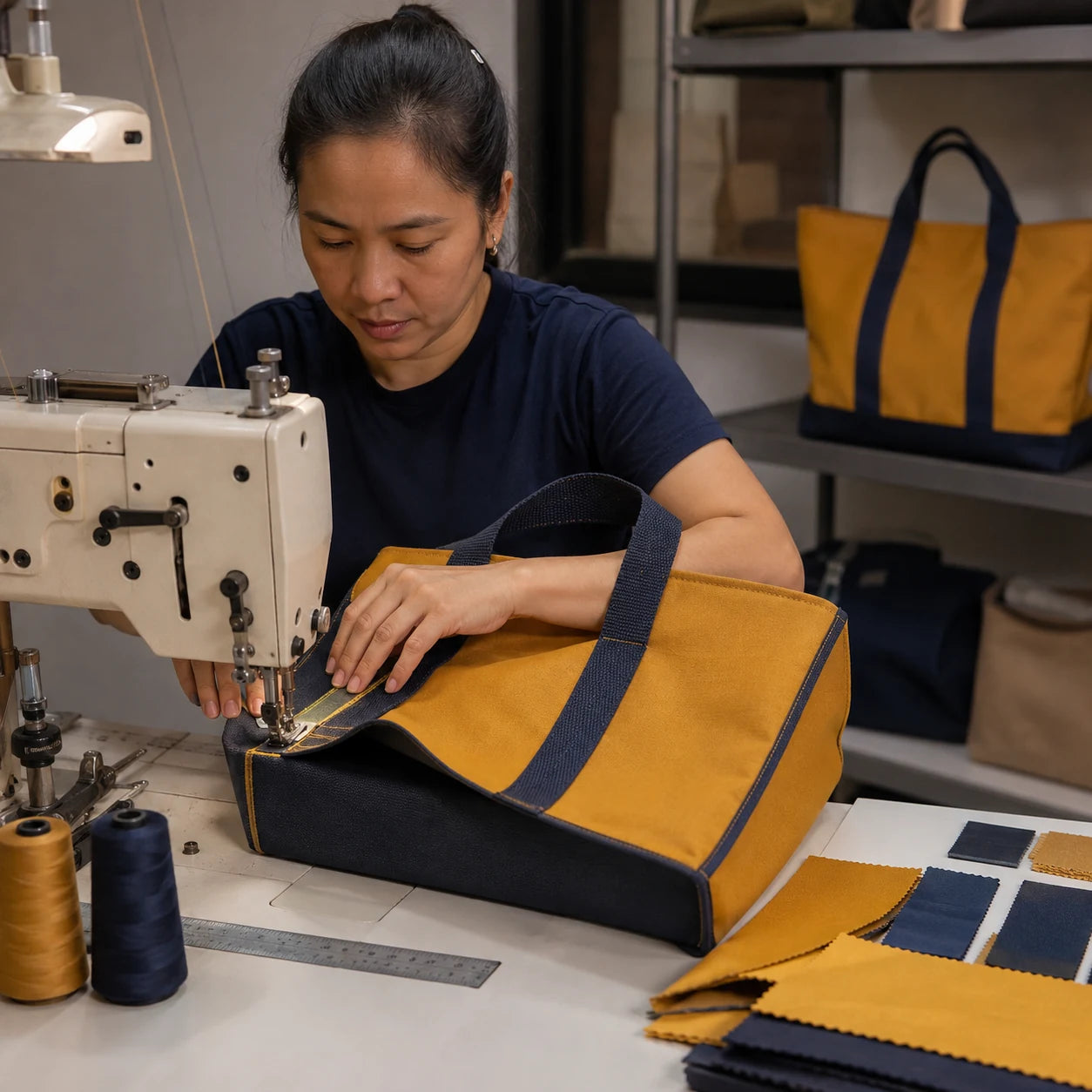 Sample maker sewing a mustard and navy reusable bag prototype