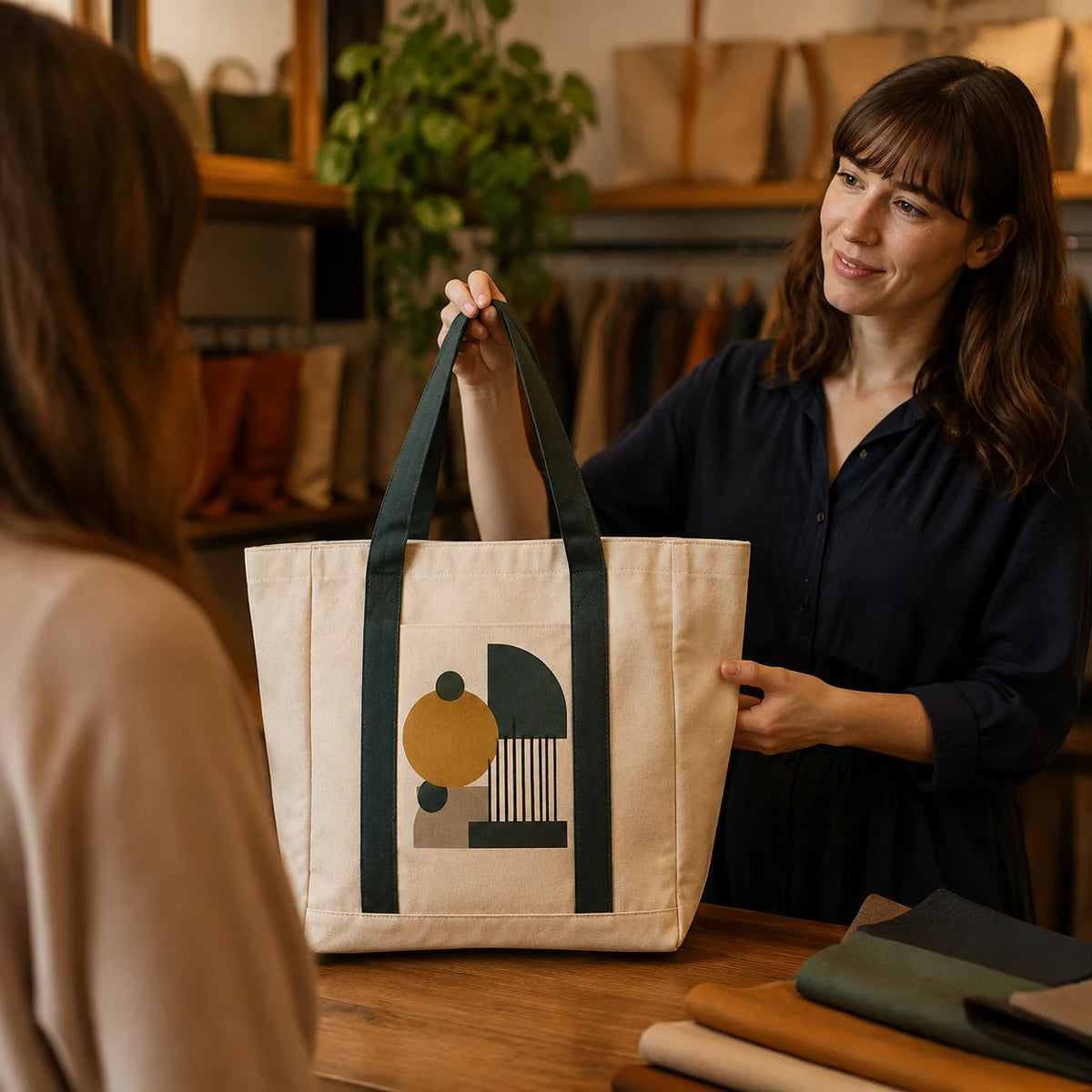 Printed premium canvas tote presented to a customer in a boutique