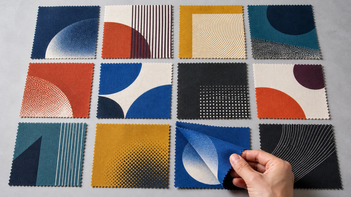 Colorful water-based and soy-based print technique samples on recycled fabrics