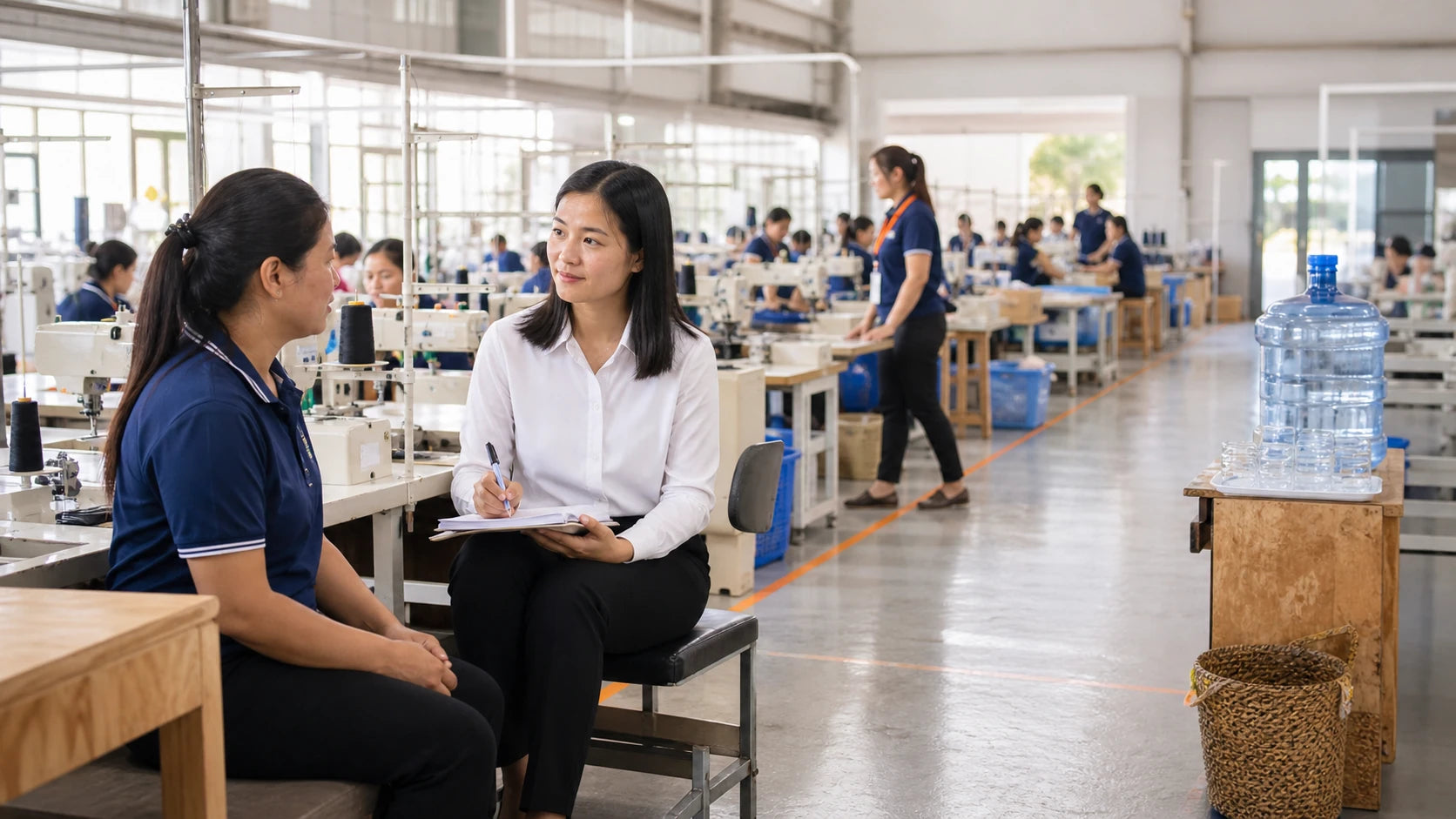 Independent auditor interviewing a sewing worker on a bright organized factory floor