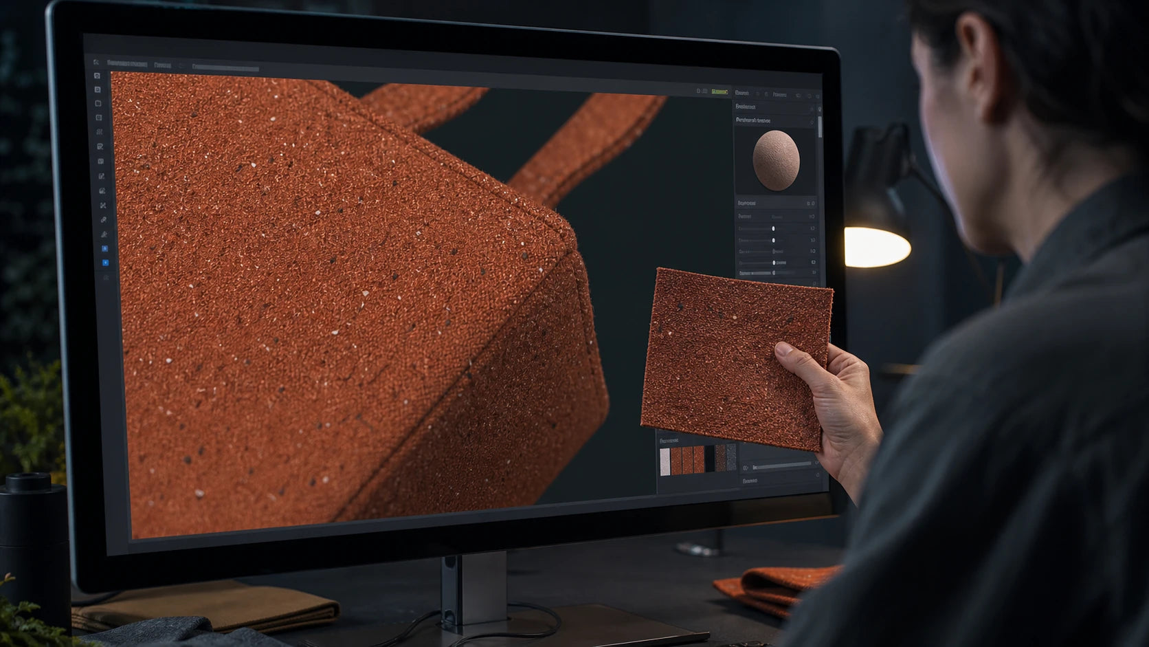 Designer matching a physical speckled fabric swatch to a detailed digital tote render