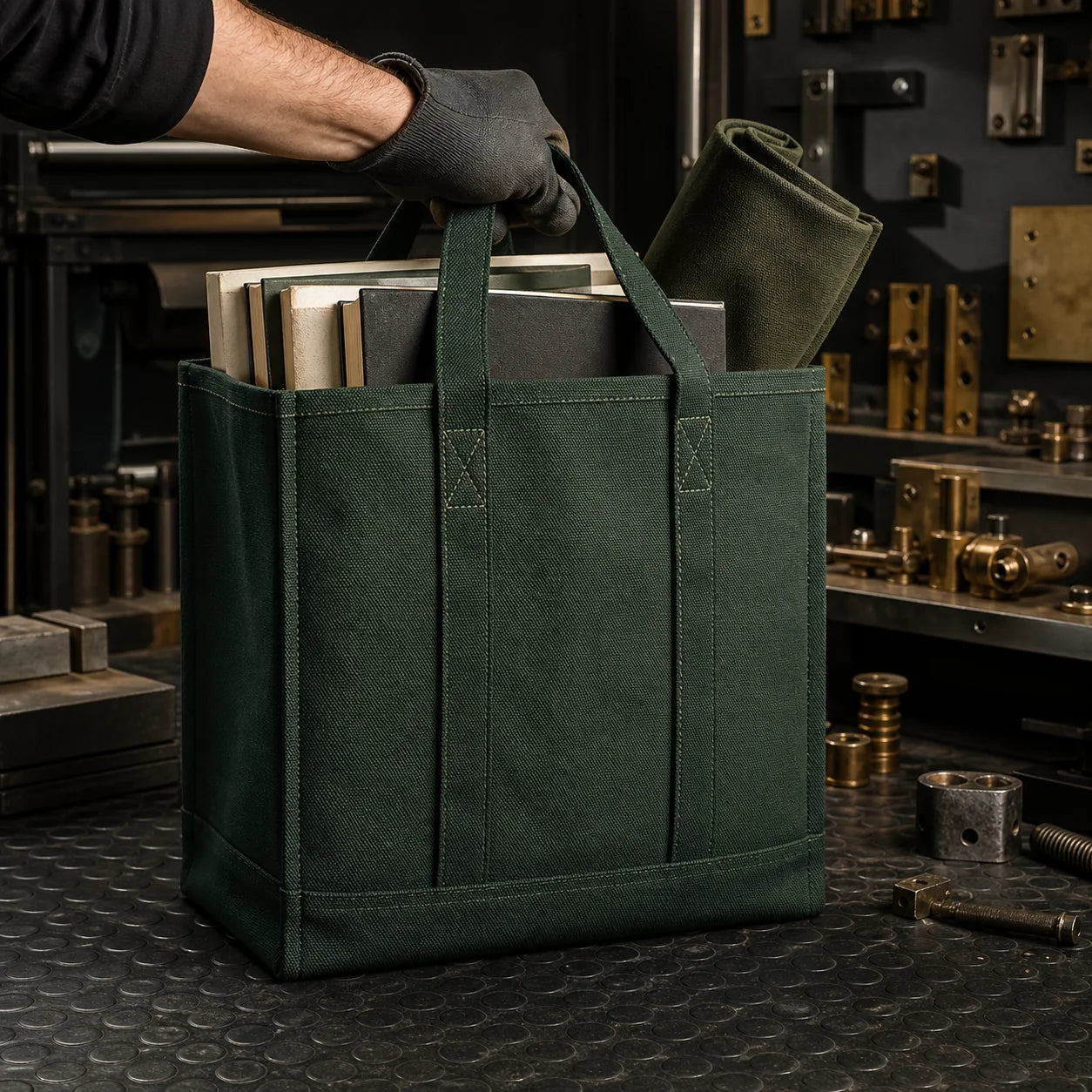 Heavy-duty 24oz forest green canvas tote undergoing a loaded handle test