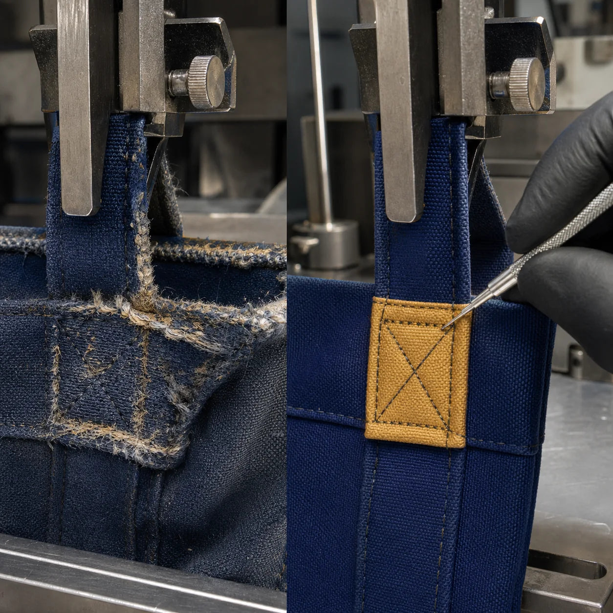 Worn and reinforced canvas tote handle attachments compared during durability testing