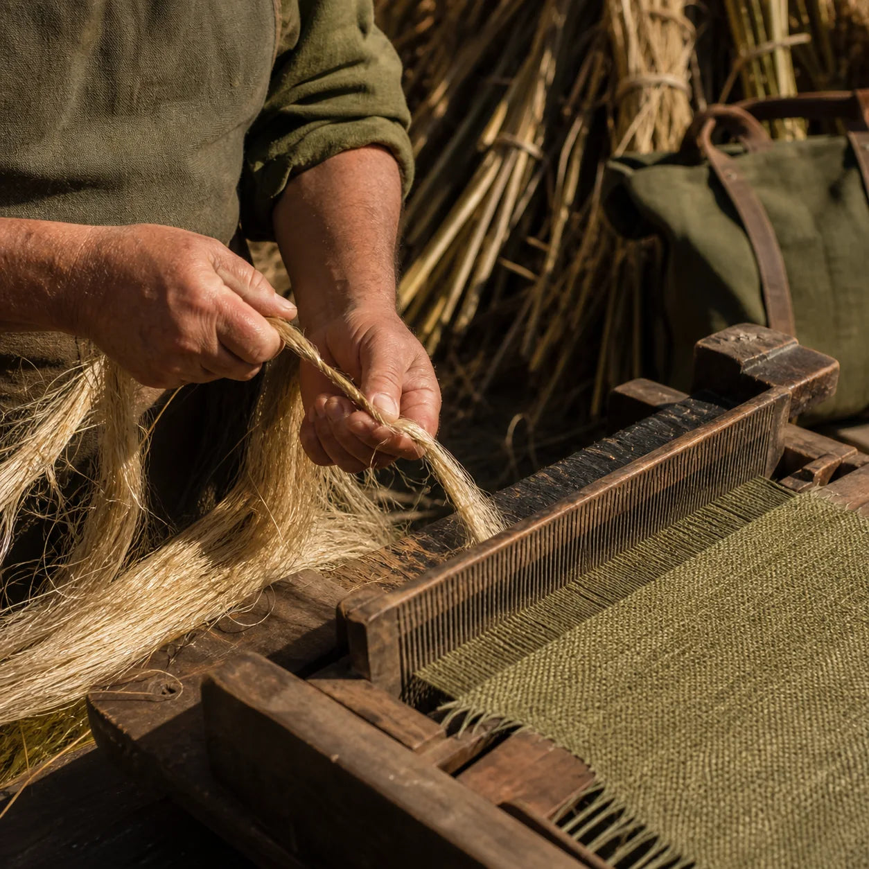 Long natural hemp fibers being twisted and woven into rugged olive canvas