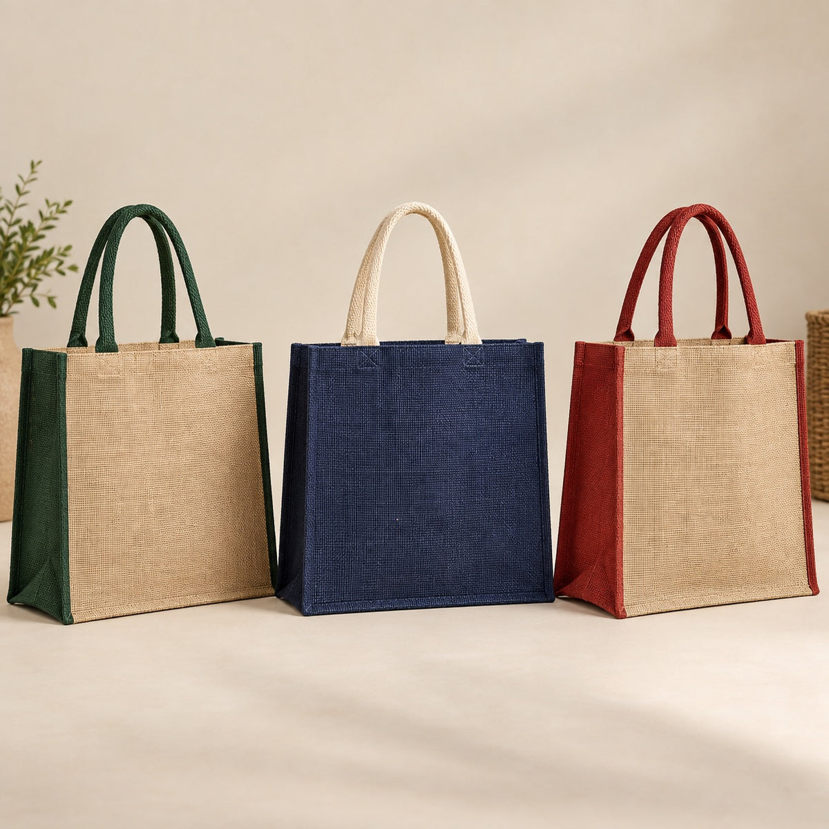 Three jute tote color combinations with contrasting gussets and handles