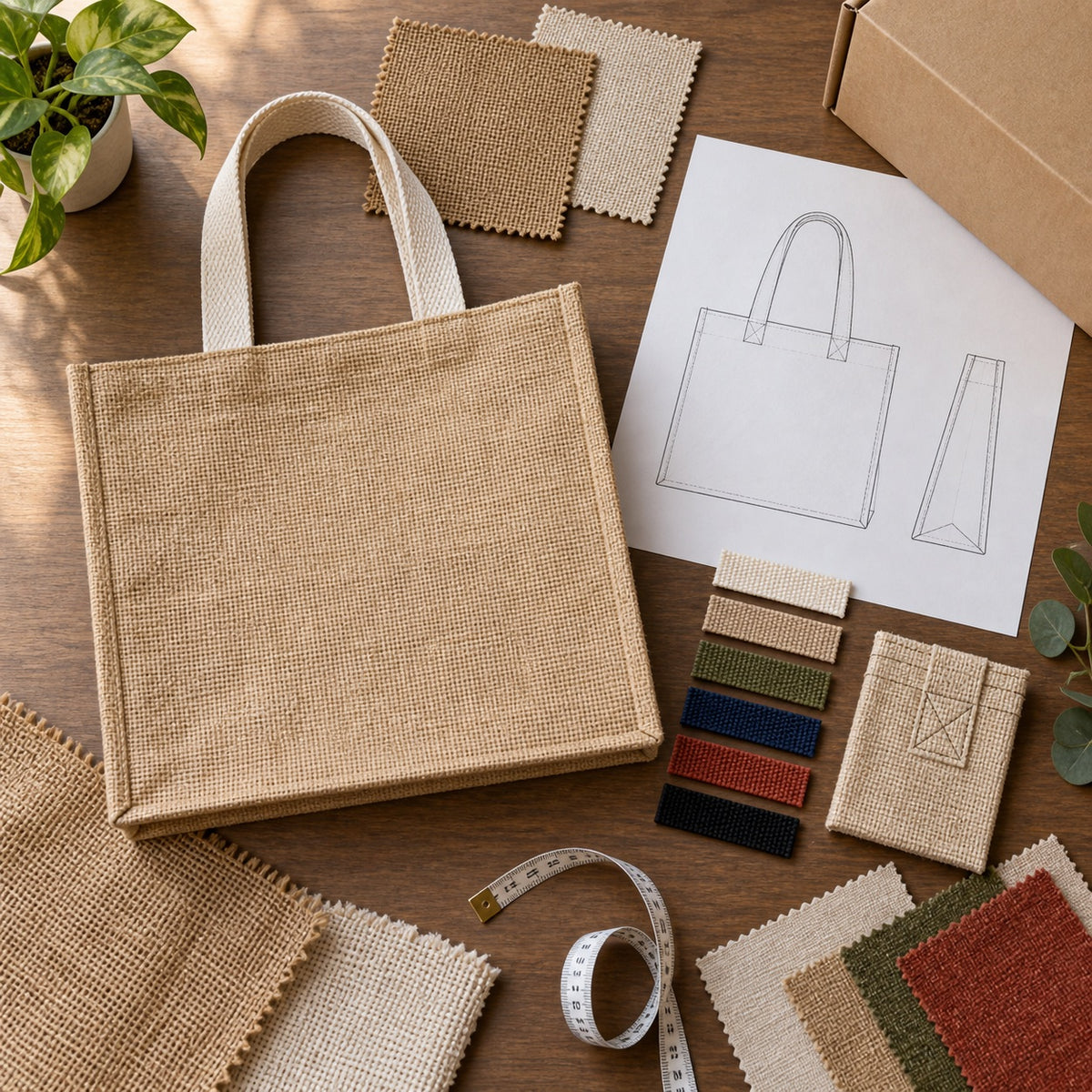 Illustrative jute tote specification and sample development flat lay