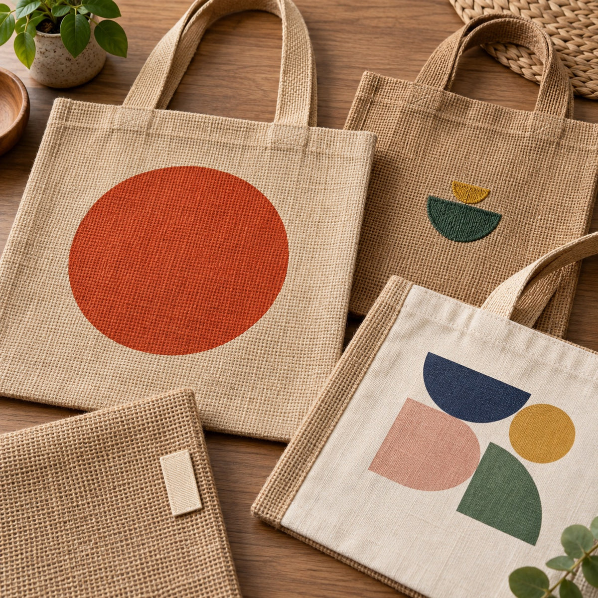 Abstract print and embroidery examples on jute and juco surfaces