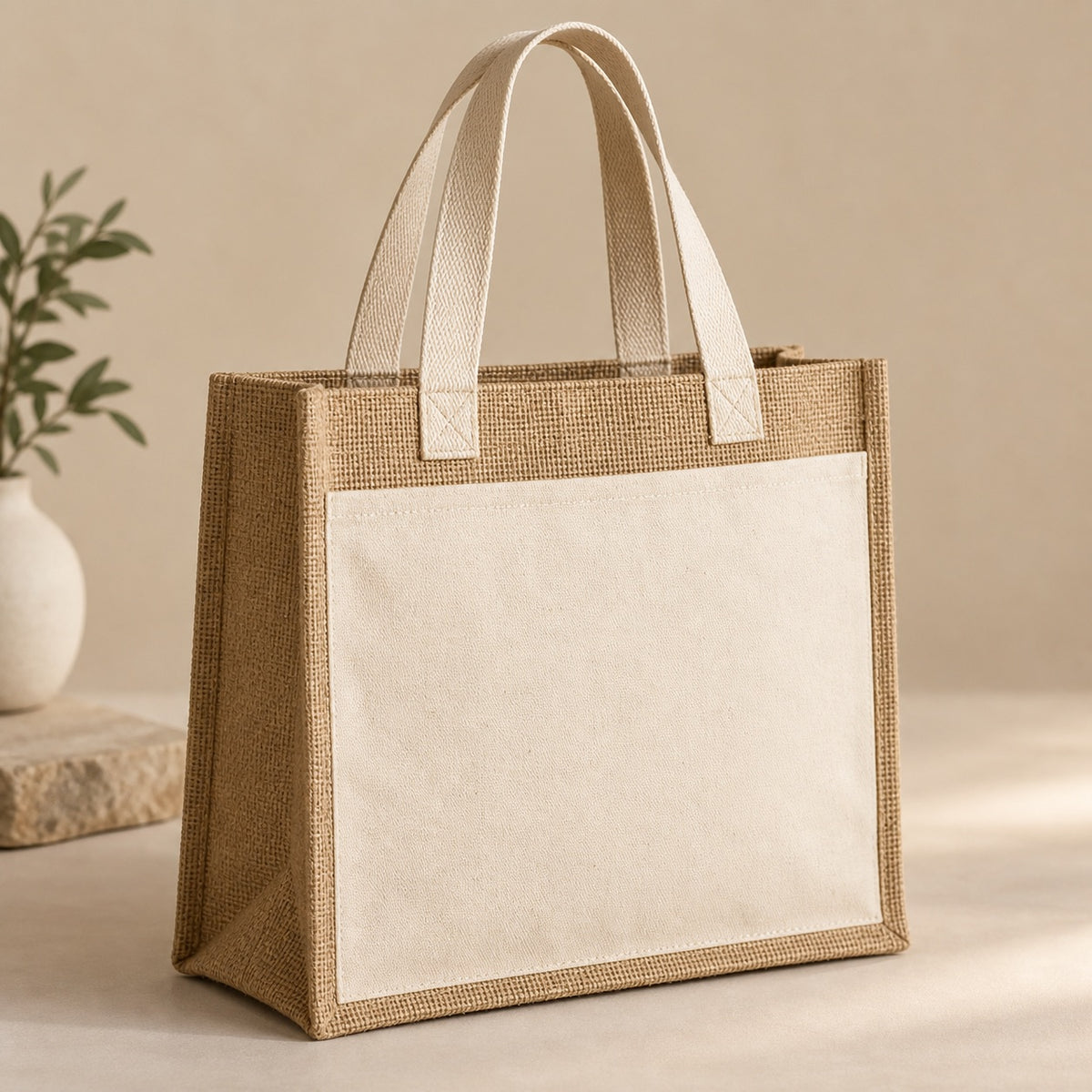Jute tote bag with smooth cotton canvas front branding panel