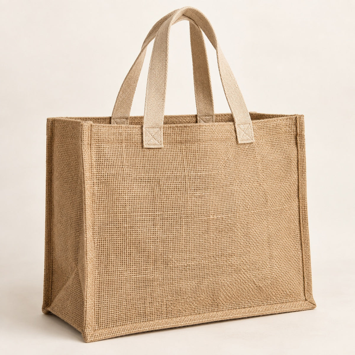 Classic natural jute tote bag with visible woven fiber texture