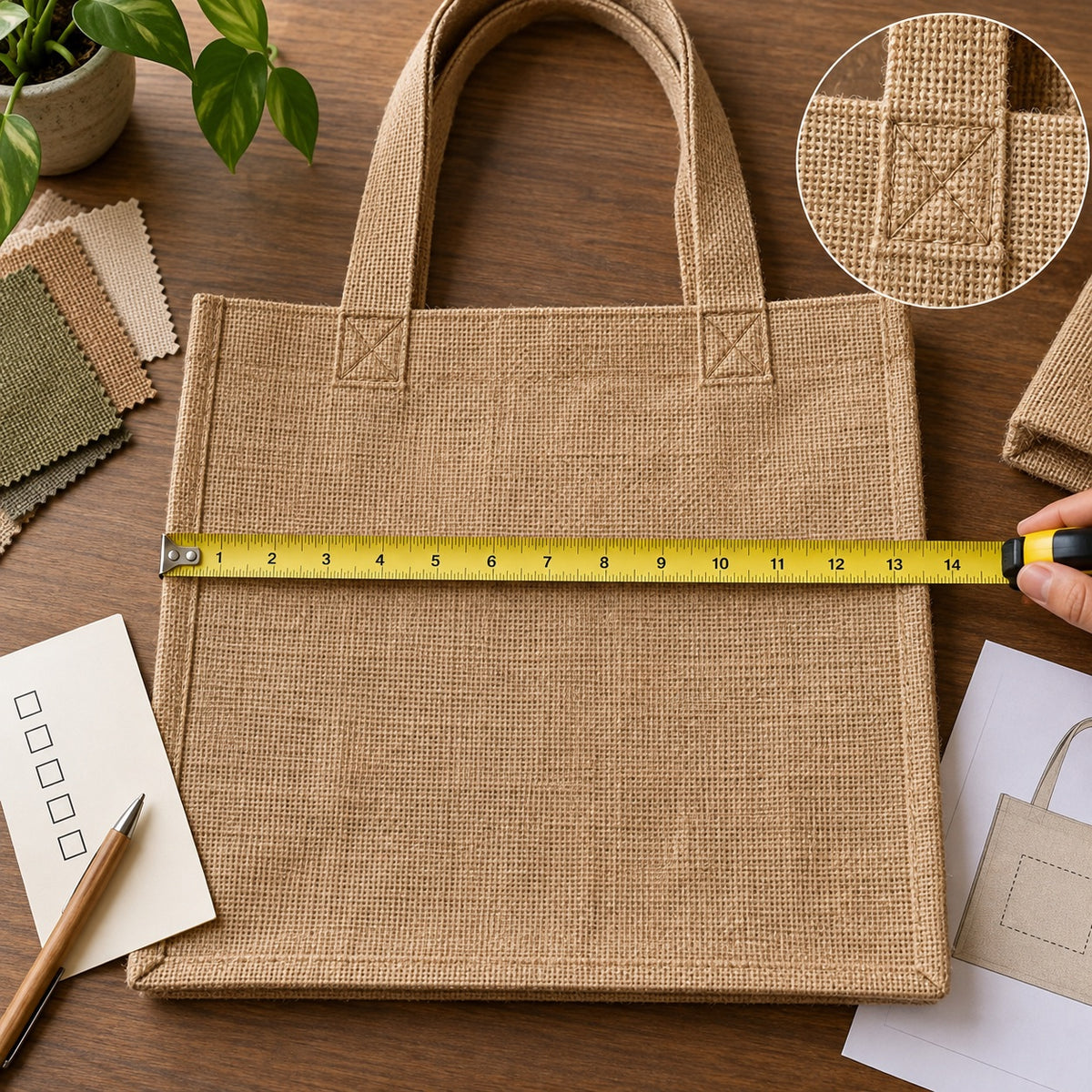 Illustrative dimensional and handle stitch review of a jute tote sample