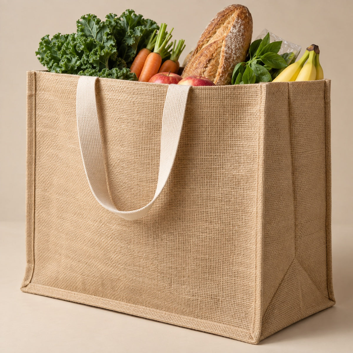 Gusseted jute grocery shopper holding produce