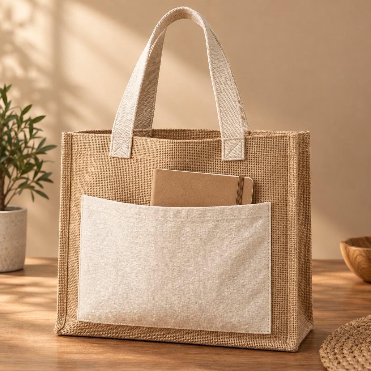 Jute tote with functional front pocket and notebook