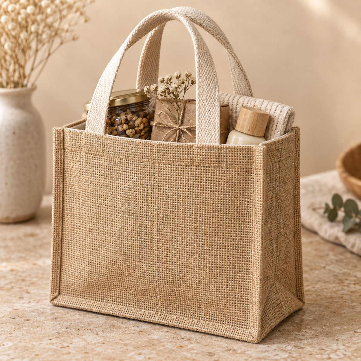 Compact jute gift bag with neutral gift items