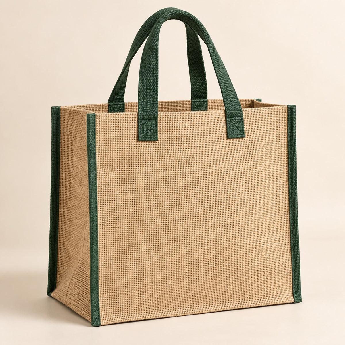 Structured jute shopper with dark green handles