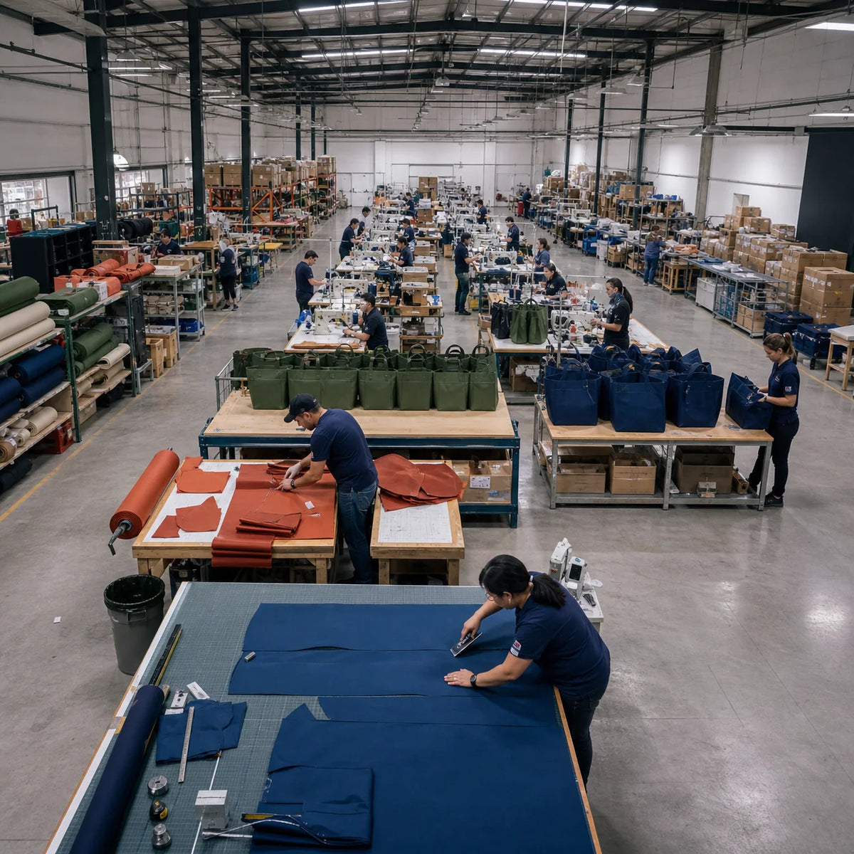 Large-scale canvas tote production floor with cutting sewing and inspection stations