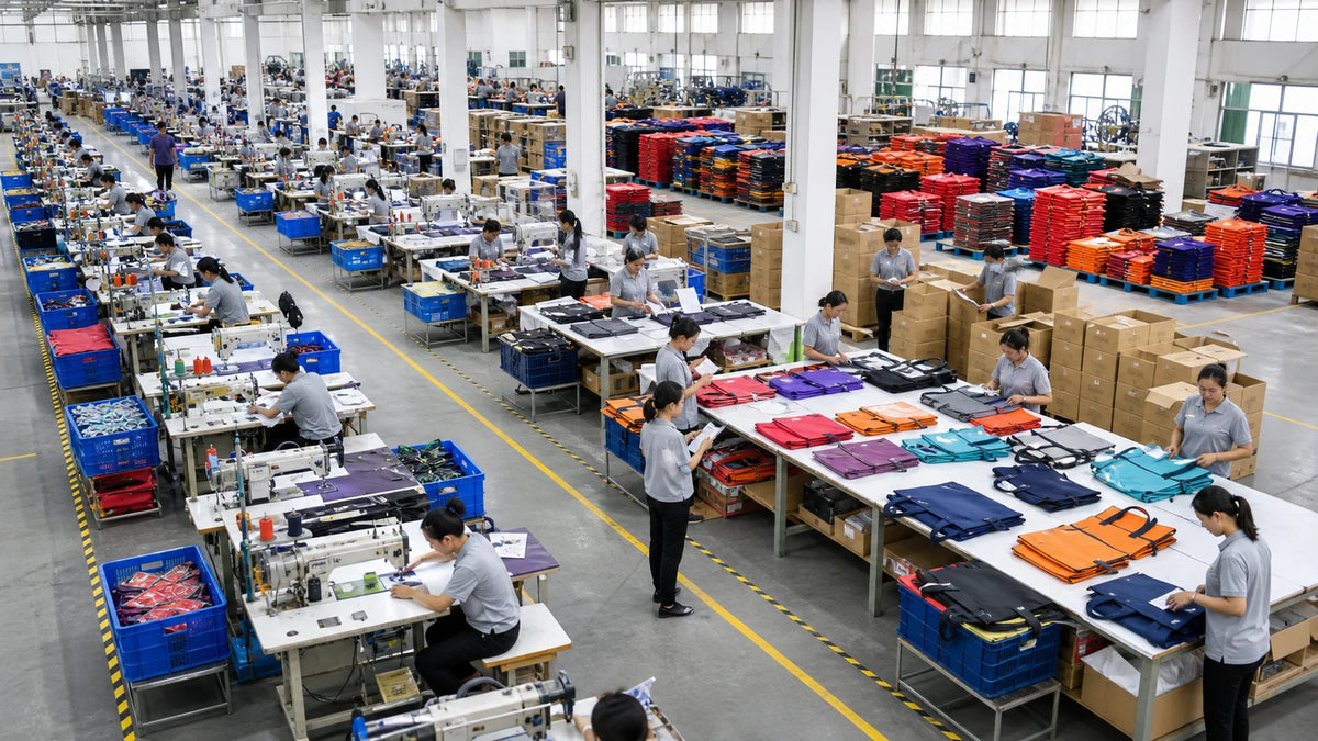 Organized reusable bag production floor with sewing, quality inspection and packing
