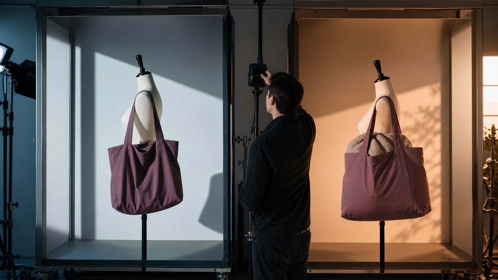 Same plum tote tested empty and loaded under cool daylight and warm evening light