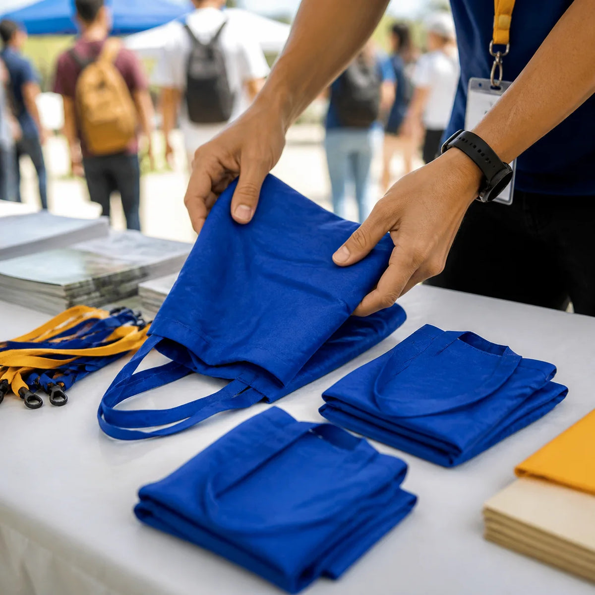 Lightweight 8oz blue canvas tote being folded for event distribution
