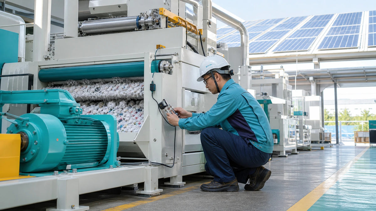 Engineer auditing energy use on a solar-powered mechanical textile recycling line