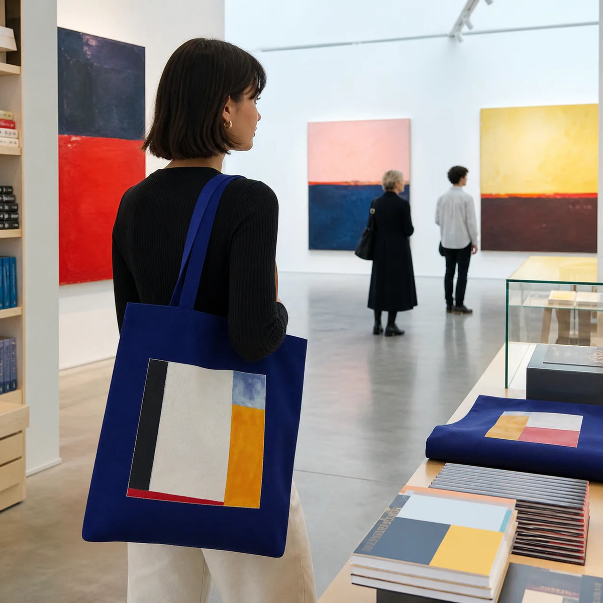 Museum visitor carrying a cobalt custom canvas tote with abstract artwork