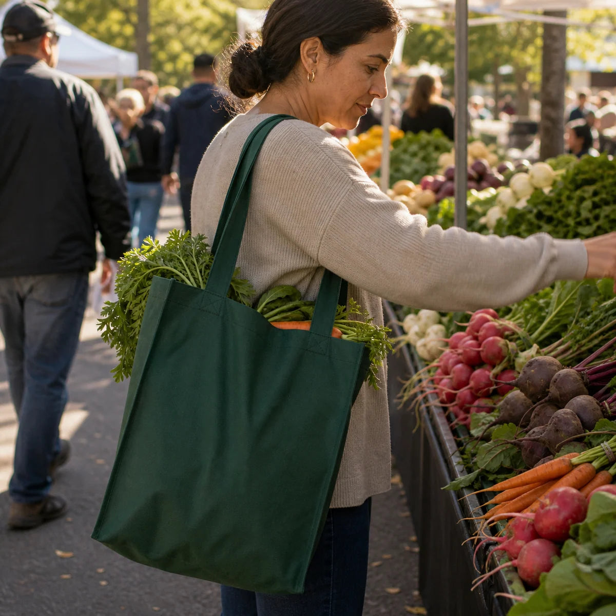 Reusable non-woven tote at a farmers market