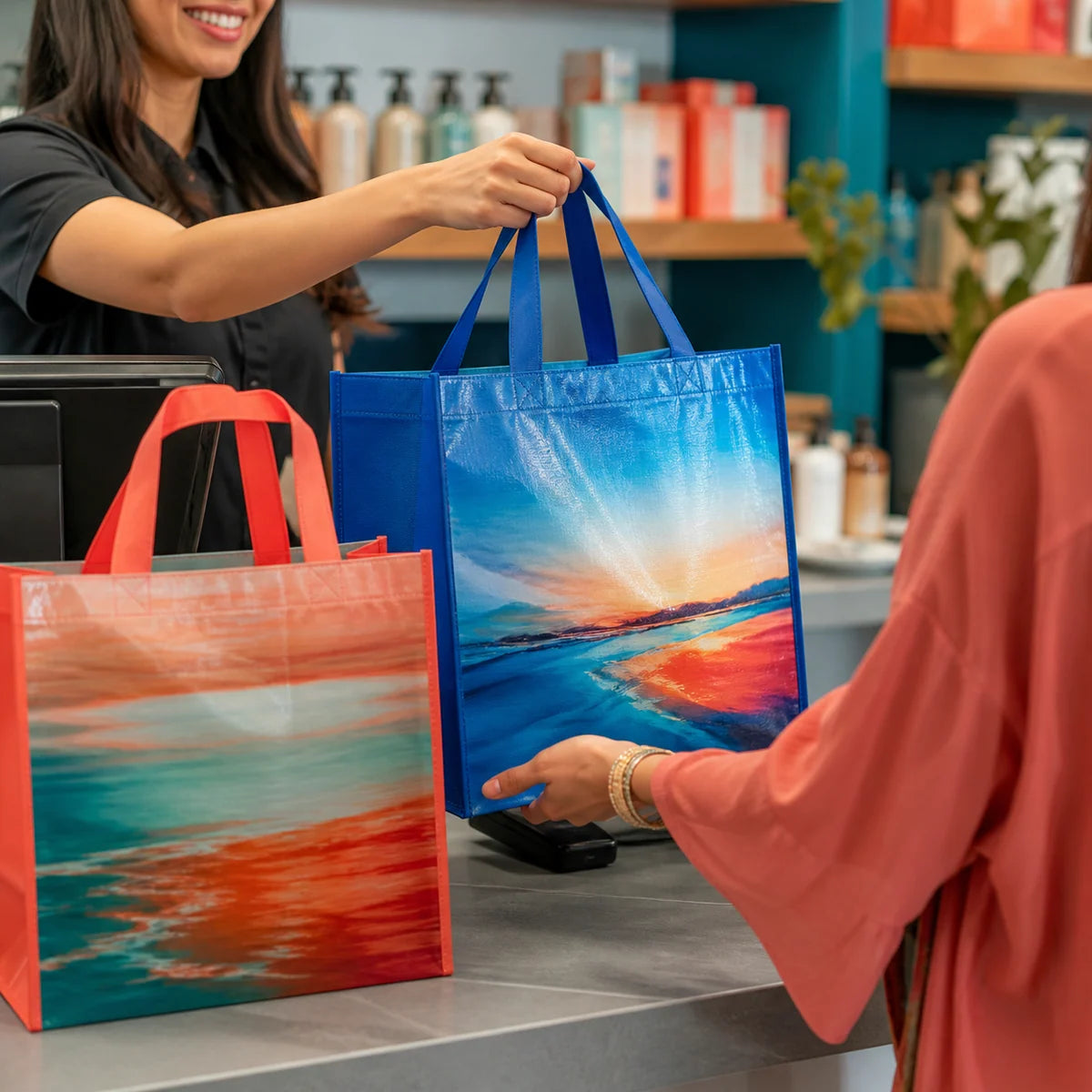 Full-color laminated non-woven retail totes
