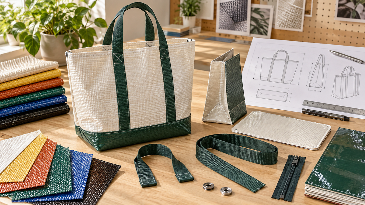 Custom PP woven bag prototype with fabric swatches, gusset, handles and accessories