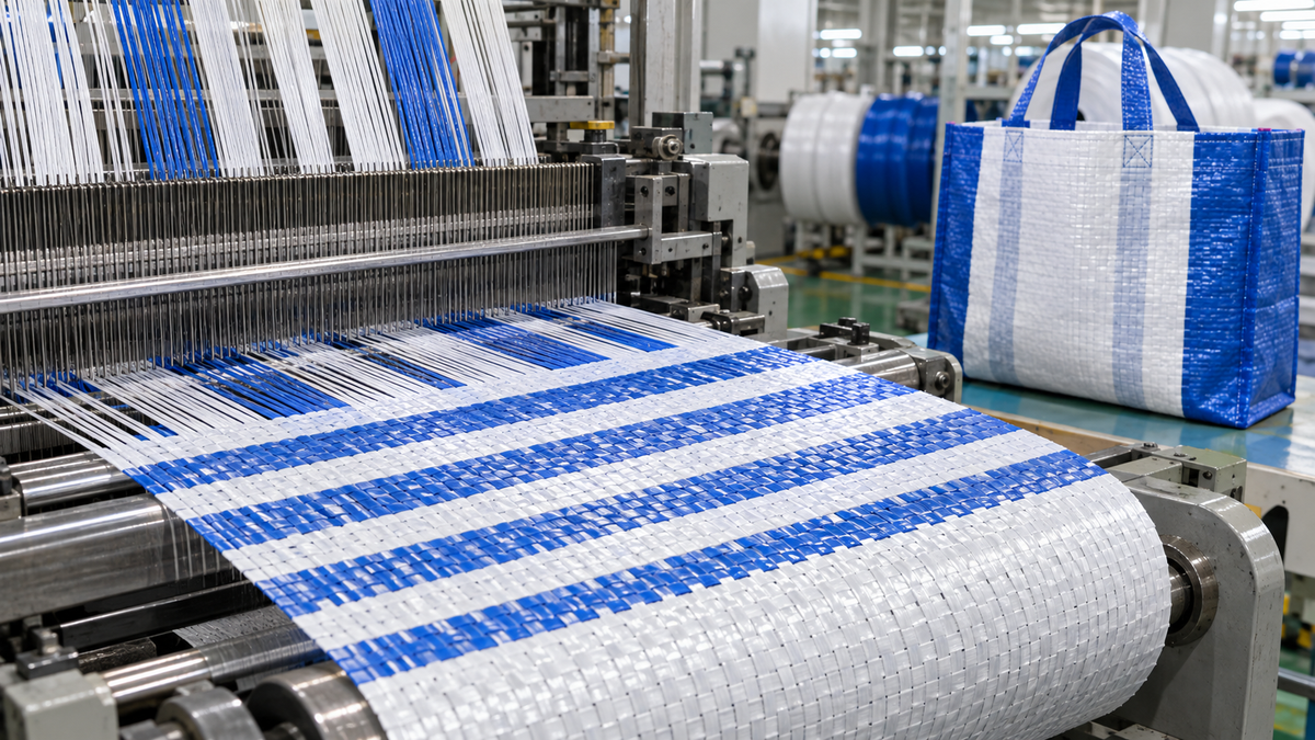 Polypropylene tapes woven into PP fabric beside a finished PP woven tote bag