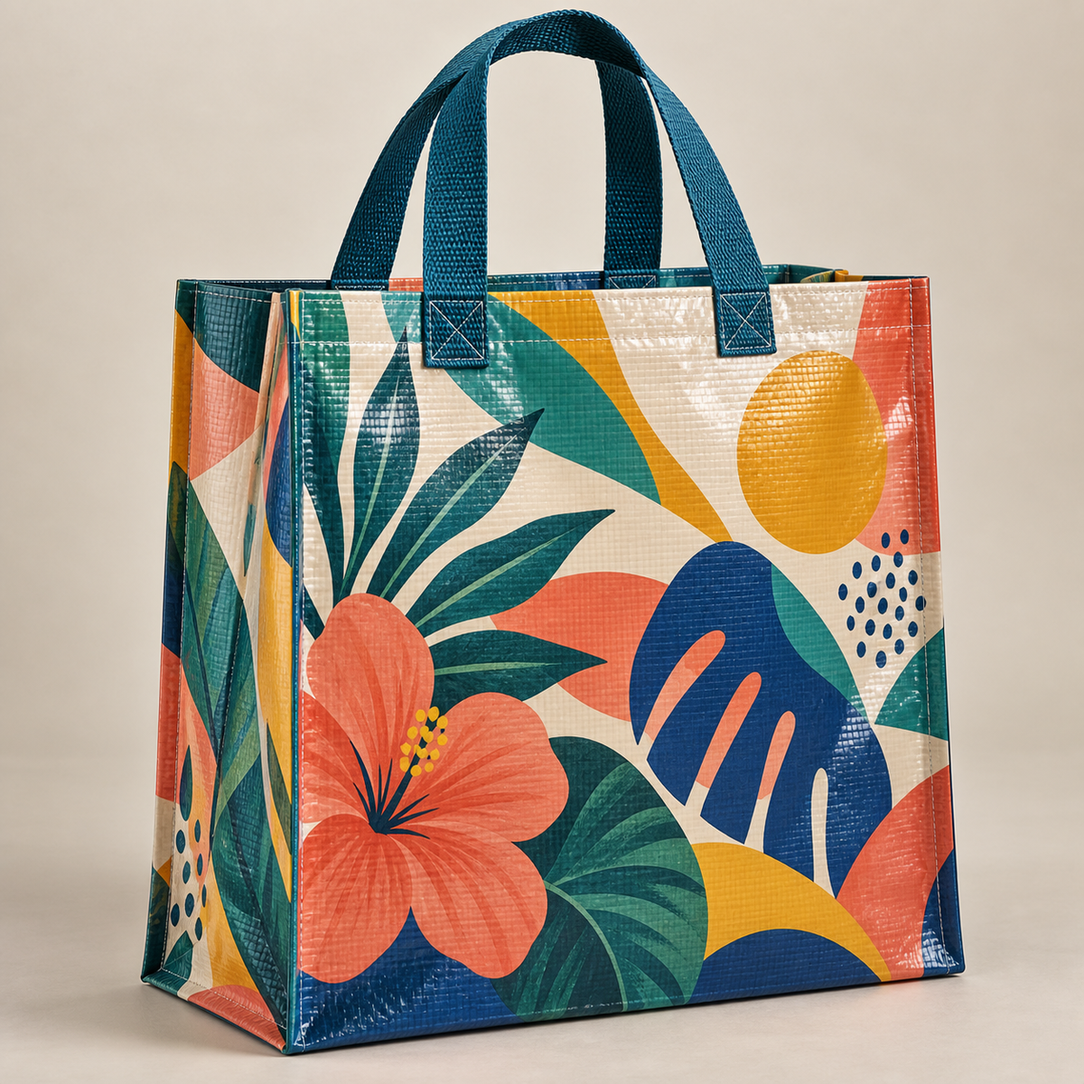 Full-color BOPP laminated PP woven tote bag with botanical graphic