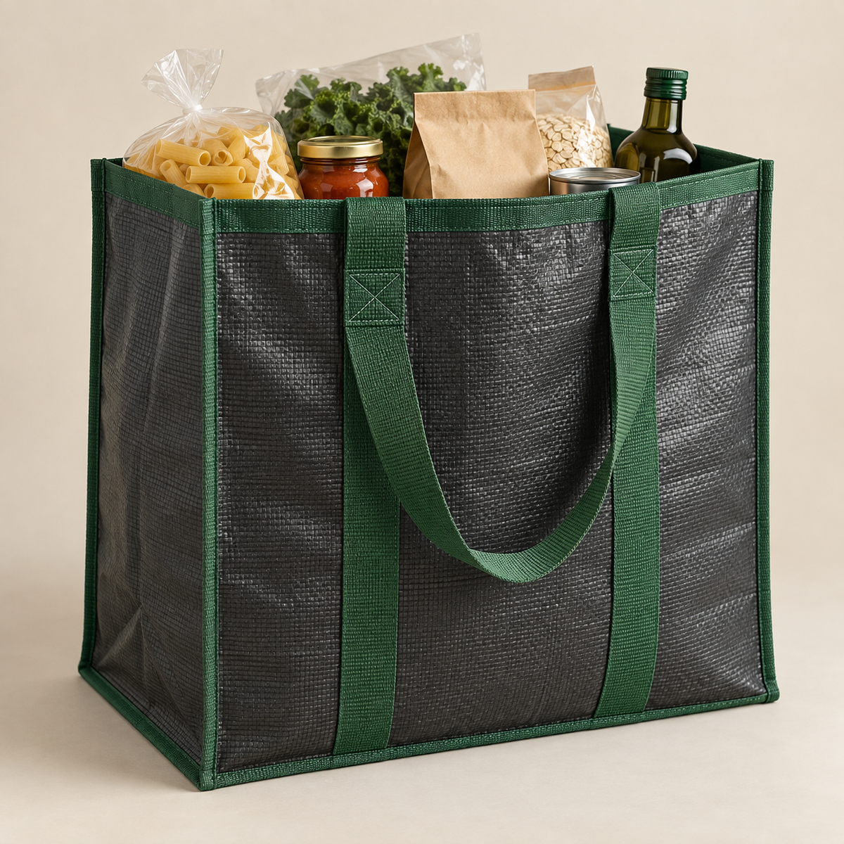 Heavy-duty PP woven grocery tote with reinforced handles and large carrying capacity