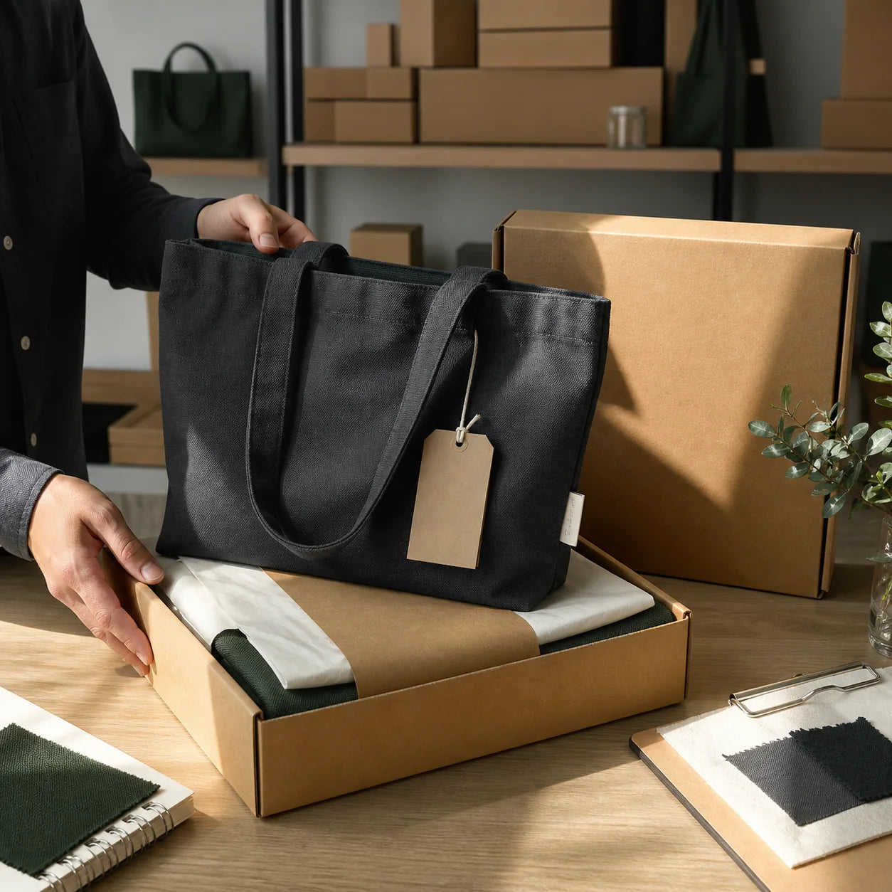 Retail-ready private label canvas tote with hangtag tissue and recyclable packaging
