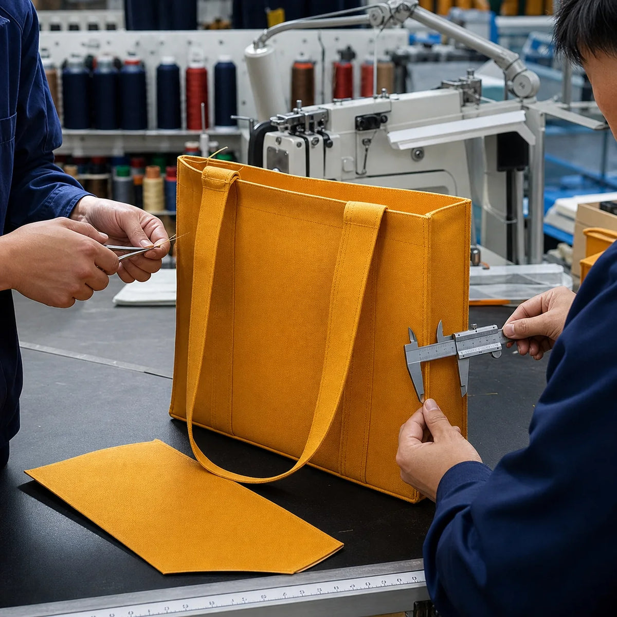 Sample makers measuring and finishing a saffron canvas tote prototype