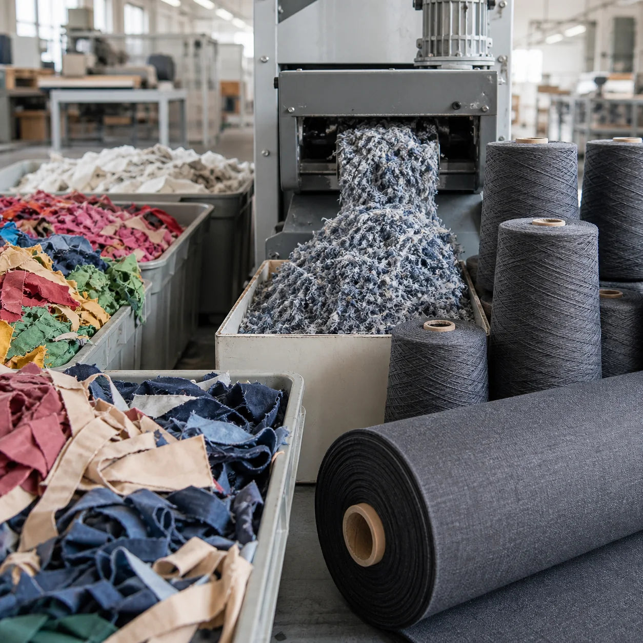 Cotton cutting waste being recycled into gray yarn and finished canvas