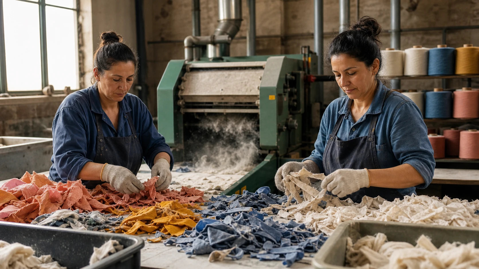 Workers sorting cotton textile offcuts before mechanical fiber recovery