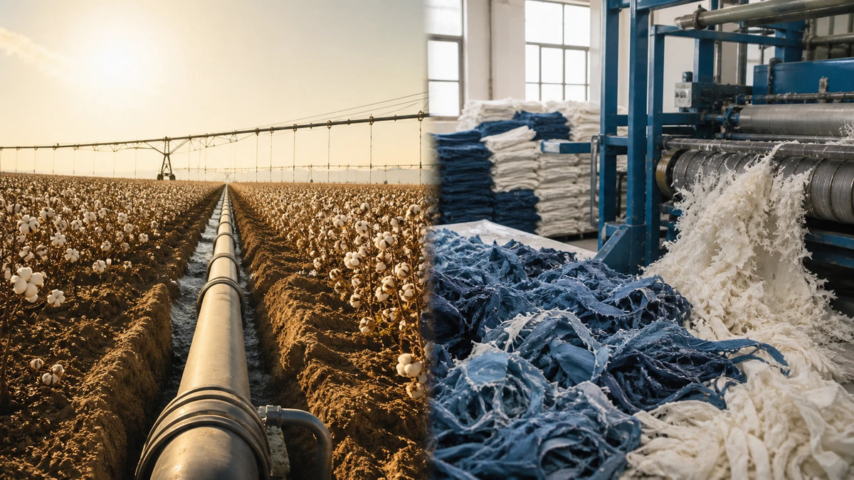 Cotton field irrigation contrasted with dry mechanical recovery of cotton textile scraps
