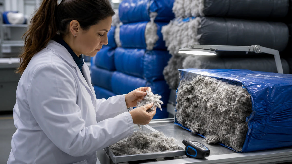 Quality technician inspecting incoming recycled fiber from a sealed bale