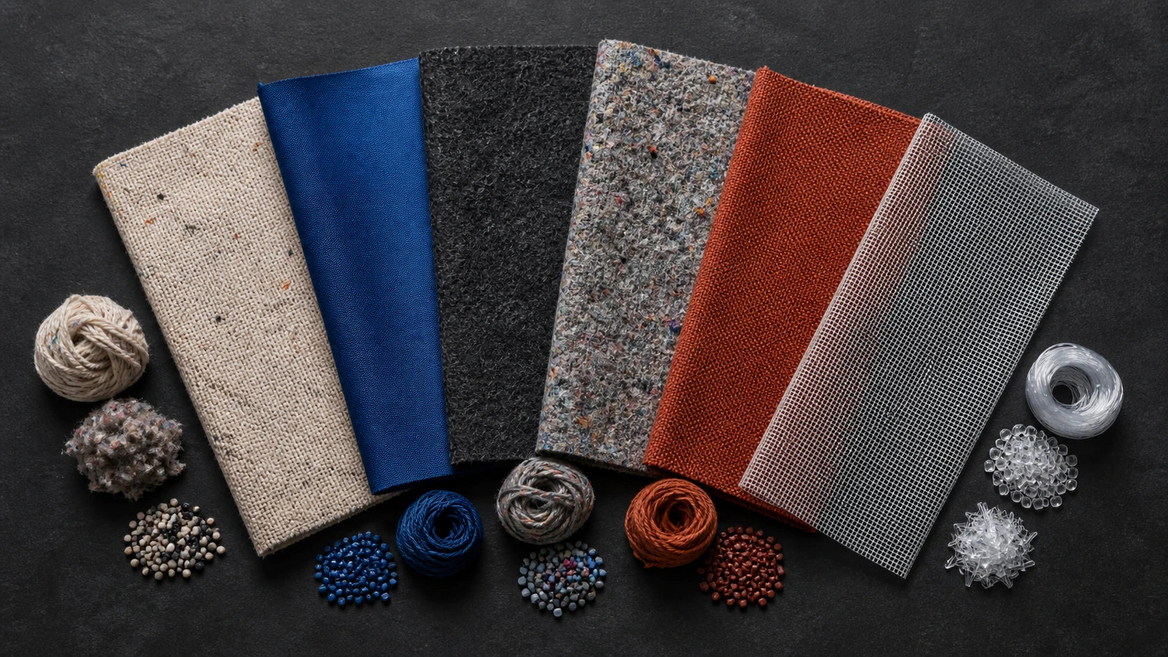 Six distinct recycled textile surfaces with matching yarn and pellet samples