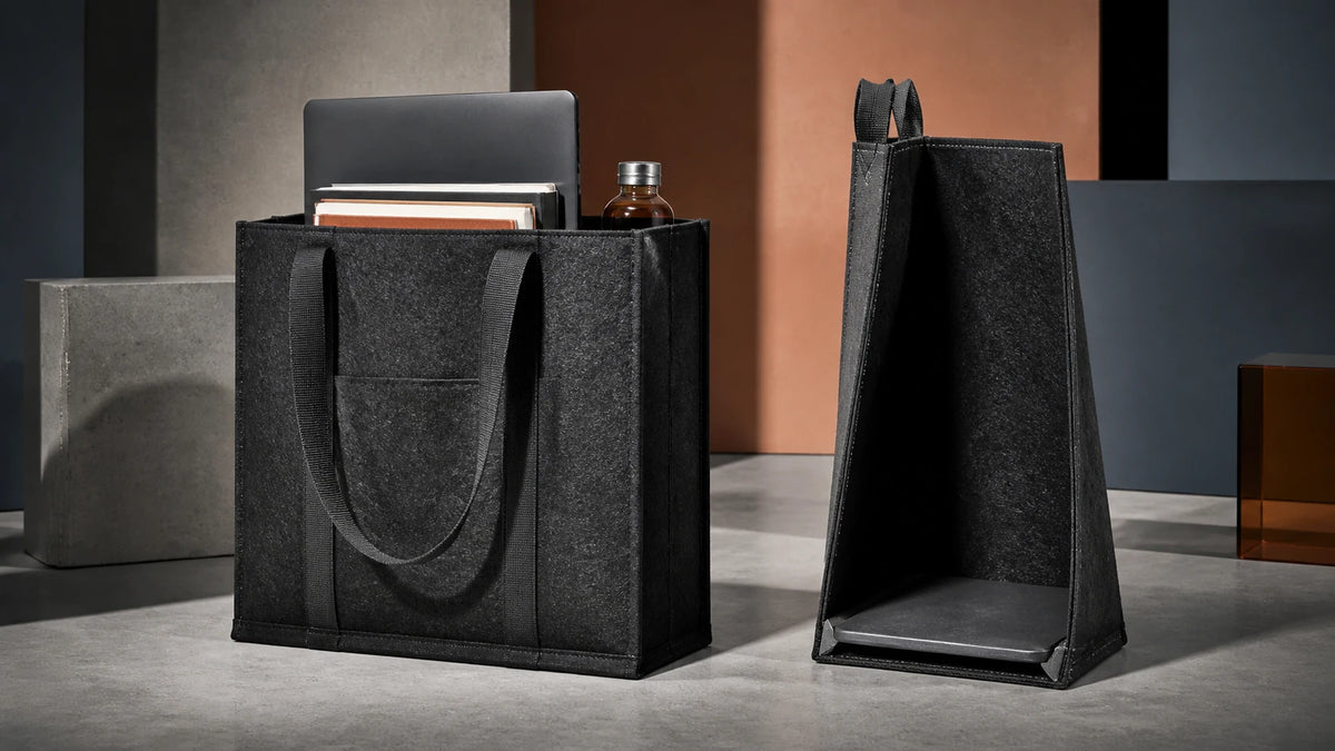Loaded structured recycled tote and side cutaway showing reinforced base construction