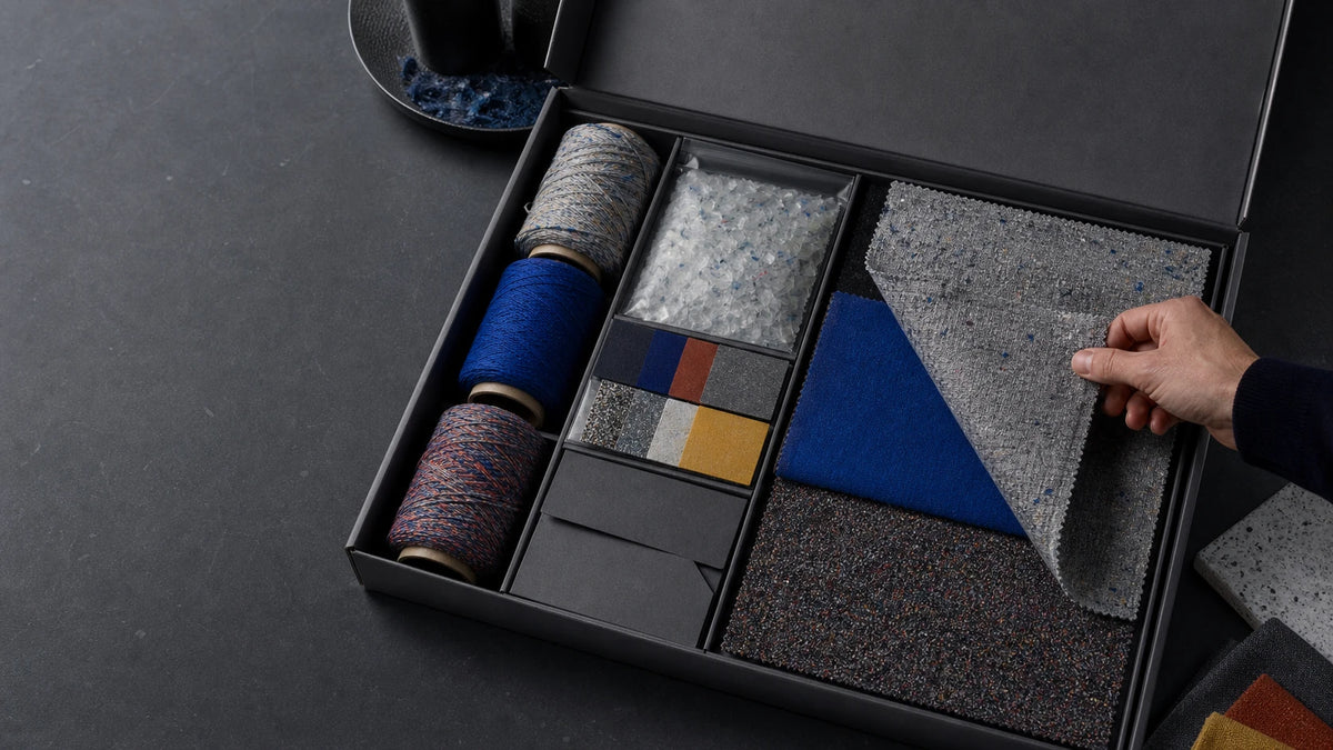 Open recycled textile traceability kit with swatches yarn PET flakes and color samples