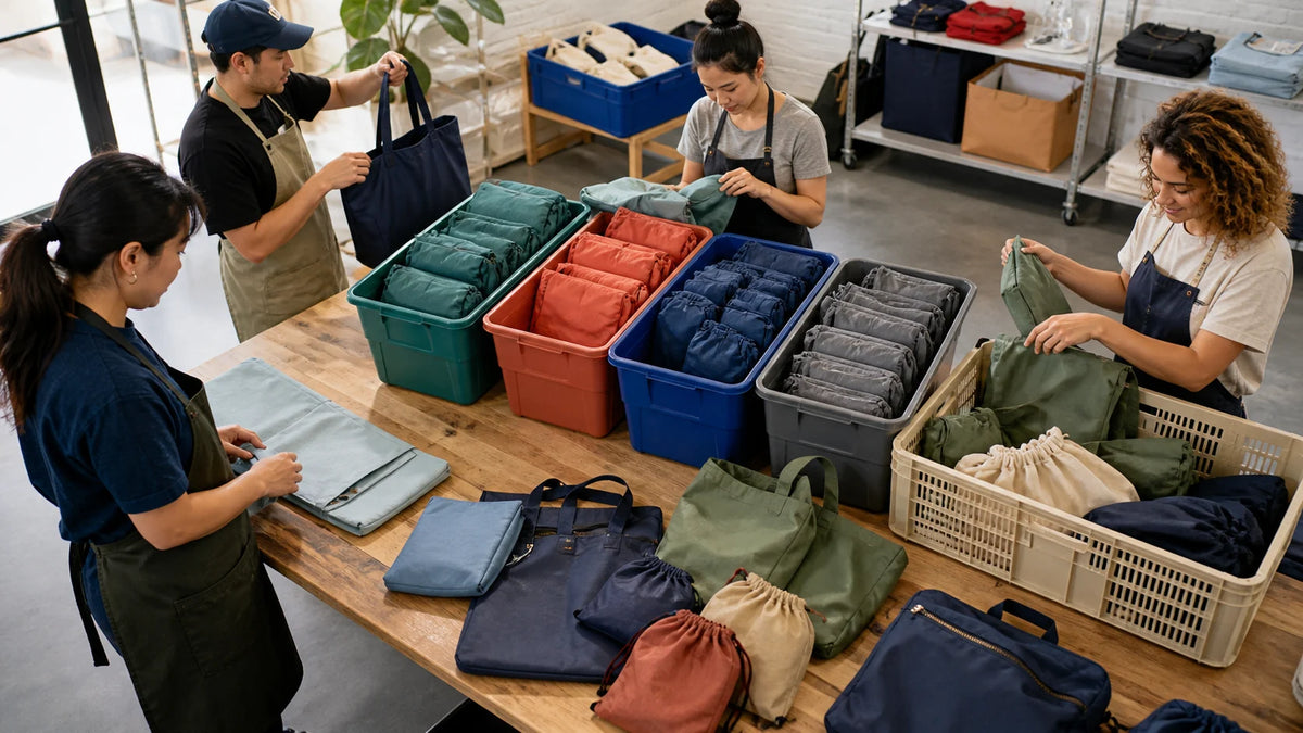 Retail staff folding, sorting and preparing multiple reusable bag formats for repeated use