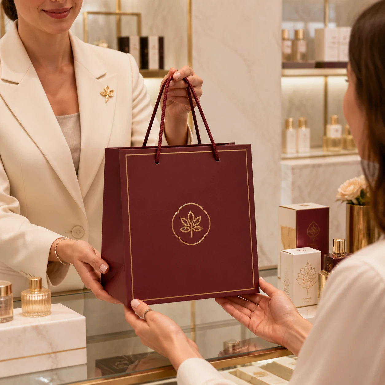 Bolsa de compras de papel con asa de cuerda personalizada de primera calidad presentada en una boutique de belleza