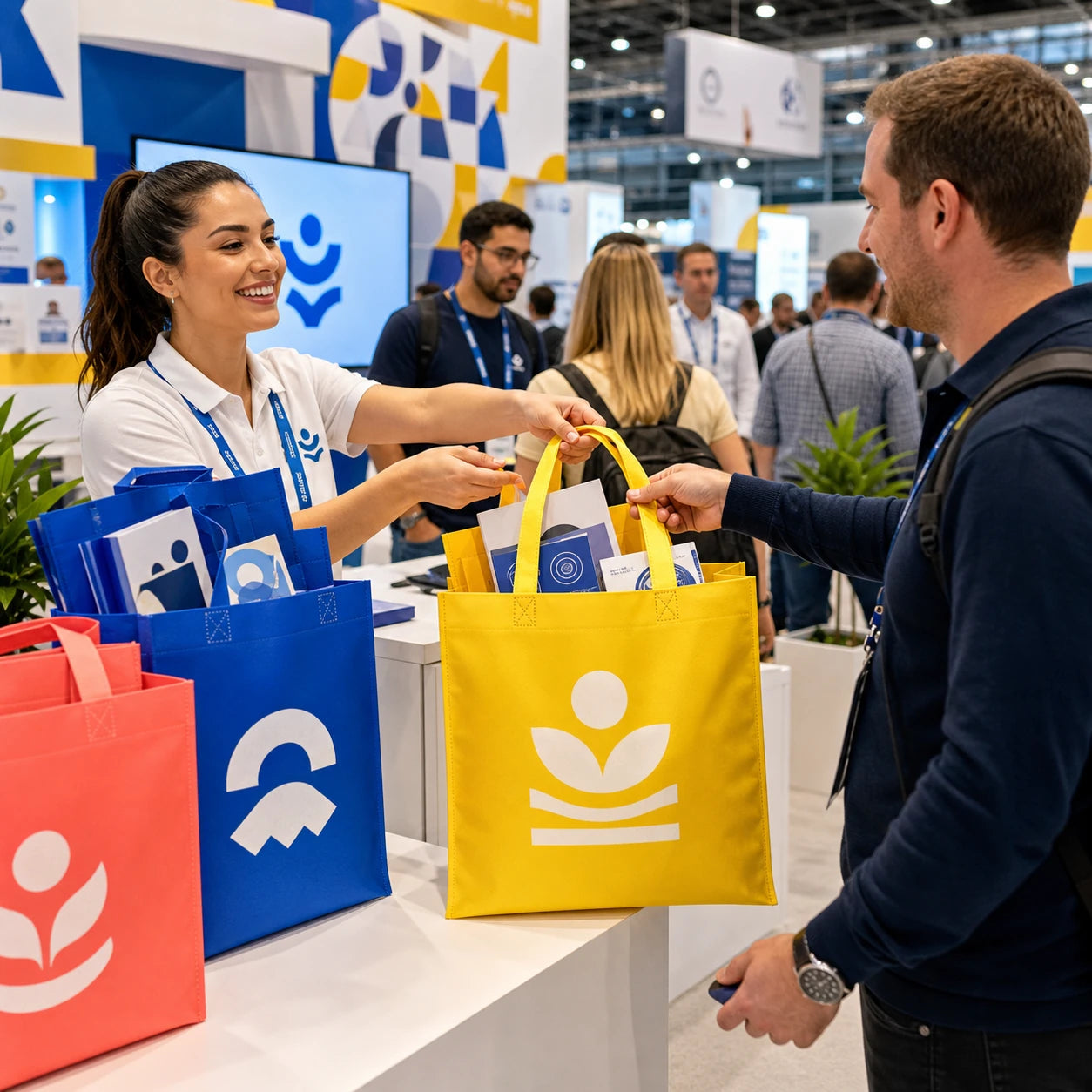 Bolsas de compras promocionales no tejidas personalizadas distribuidas en una feria comercial