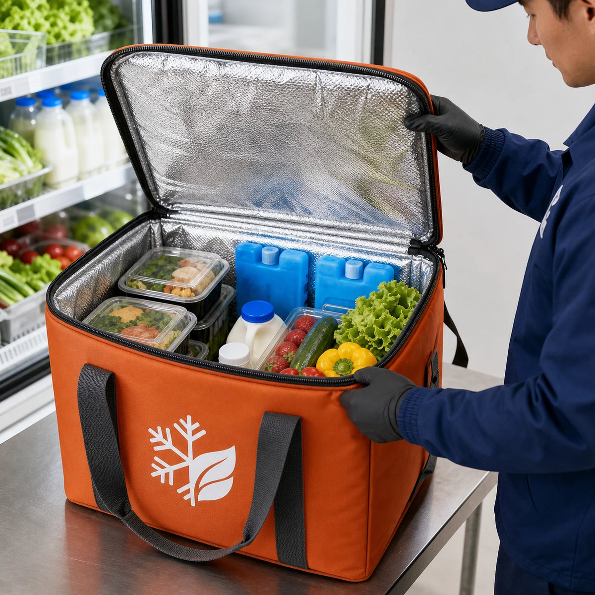 Bolsa de compras con cremallera aislada personalizada para entrega de alimentos frescos y venta al por menor en cadena de frío